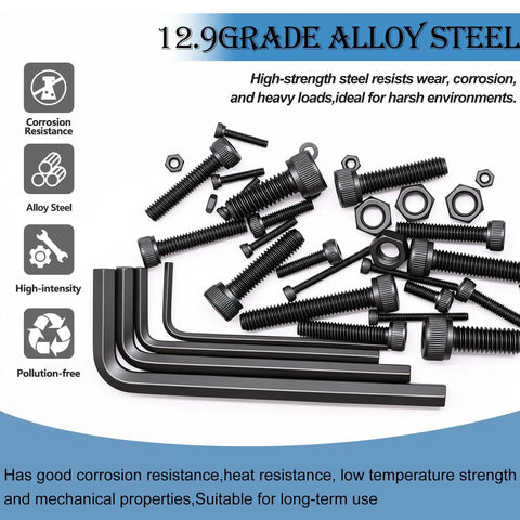 All In One 2000 Piece Metric Screw Kit With M2 Through M6 Machine Screws Hex Socket Head Cap Bolts Nuts And Washers Twelve Point Nine Carbon Steel Black Zinc Plated Heavy Duty Set For 3D Printing And DIY Projects, featuring various screws and hex keys.