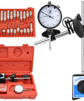 Dial indicator inspection set with magnetic base and long-arm gauge; red case with assorted tips and mounting stand.