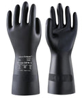 Two Pairs Heavy Duty Chemical Resistant Rubber Gloves For Industrial Cleaning And Dishwashing Acid Alkali Safe Hazmat Ready Tough As Nails Grip With Smooth Sliding Action And Odor Free Feel In Black Large, showing a textured grip.