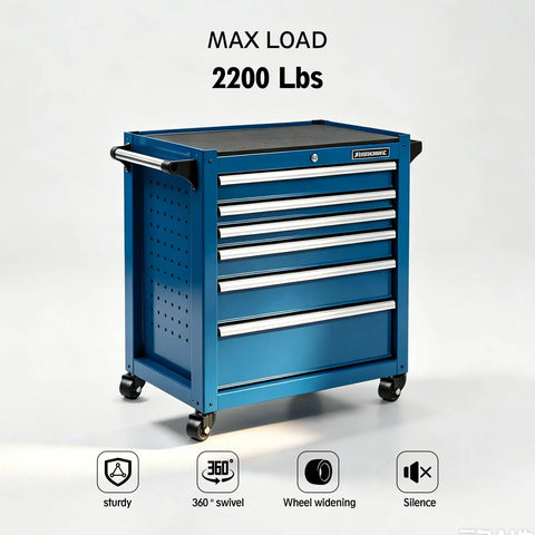 Heavy Duty Swivel Caster Wheels Set Of 4 Low Profile 2 Inch Casters With Hella Sturdy 2200 Pound Capacity Smooth Rolling Rig For Workbenches Shop Carts And Furniture American Thread Stem on a blue toolbox.