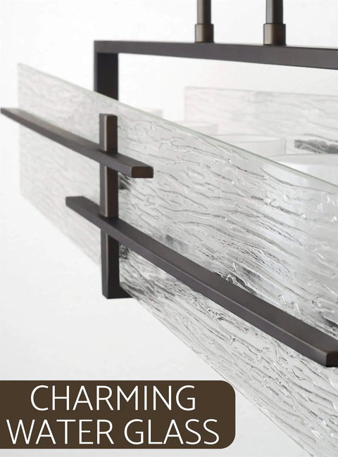 Close-up of 34 Inch 5 Light Dope Modern Kitchen Island Light Linear Pendant With Clear Water Glass Diffuser and bronze finish.