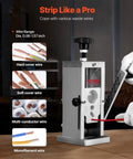 Manual Wire Stripping Machine For Copper 0.06-1.5 Inch Strips With Hand Crank Or Drill Powered Visible Depth Reference No Fuss Portable Aluminum Frame Wire Peeler For Scrap Copper Recycling displayed on table showing wire types.