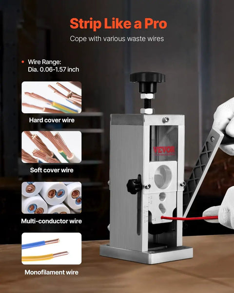Manual Wire Stripping Machine For Copper 0.06-1.5 Inch Strips With Hand Crank Or Drill Powered Visible Depth Reference No Fuss Portable Aluminum Frame Wire Peeler For Scrap Copper Recycling displayed on table showing wire types.