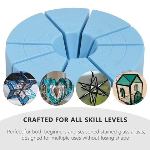 Blue stained glass multi-angle jig fixture for welding at various degrees, shown with stained glass art examples.