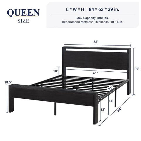 Built Like A Tank Queen Size Bed Frame Featuring Heavy Duty Steel Slats Black Oak Rustic Headboard Footboard 800 Pound Capacity Zero Squeak Platform Base dimensions and measurements displayed.