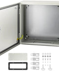 NEMA 4X Steel Enclosure For Electrical Gear, 16 By 16 By 6 Inches, IP66 Waterproof Junction Box with open door and mounting accessories.