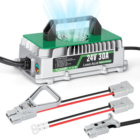 30A 24V Forklift Battery Charger For Scissor Lift And Electric Pallet Jack Smart Automatic 24V Lead Acid Battery Charger With IP67 Waterproof Rating Three Connections Three Color Indicator Recharges 100Ah In About Four Hours, showing charger with connectors and indicators.