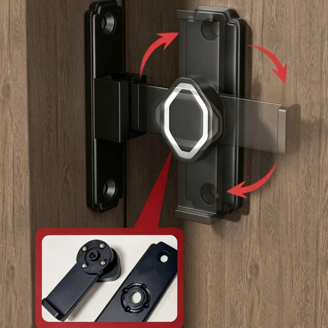 Premium Aluminum Sliding Barn Door Lock Featuring 90 Degree Flip Security Latch with sturdy build mounted on wood.