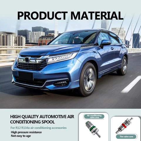 40 Piece Car Air Conditioning Valve Core Kit With Aluminum Brass Cores For R12 R134a Automotive Systems Valve Stem Repair Tool Set For Leaks And Tire Valve Maintenance with a blue car on a city road and valve core images.