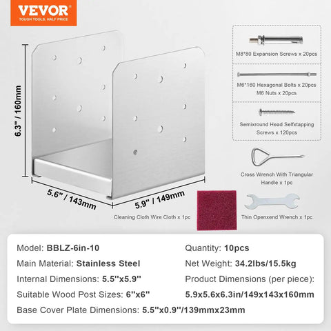 Adjustable 6 By 6 Inch Post Base Anchor Bracket Set Stainless Steel Ten Piece Internal 5.9 By 5.5 Inch Opening For Pavilion Deck Porch Handrail Railing Support And Decorative Anchor Plate