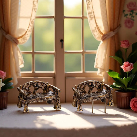 Two Piece Resin Garden Bench Set For Fairy Gardens And Dollhouses, Realistic Fairy Village Furniture Ornaments on a table