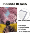Vintage Steam Train Under Cherry Blossom Tunnel Metal Tin Sign 12x16 Inch with yellow wildflowers, rustproof and waterproof design.
