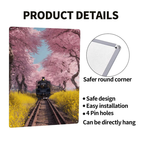Vintage Steam Train Under Cherry Blossom Tunnel Metal Tin Sign 12x16 Inch with yellow wildflowers, rustproof and waterproof design.