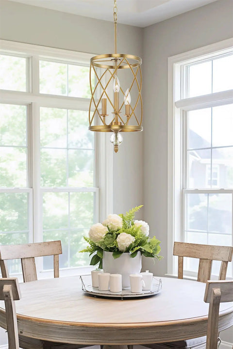 Eleanor 27 Inch Traditional 3 Light Cylinder Pendant Chandelier With Adjustable Height In Antique White Finish above dining table