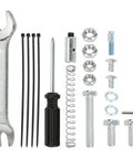 4 Inch Mini Bike Centrifugal Clutch Brake Band Kit installation tools and parts including bolts, screwdriver, and wrench