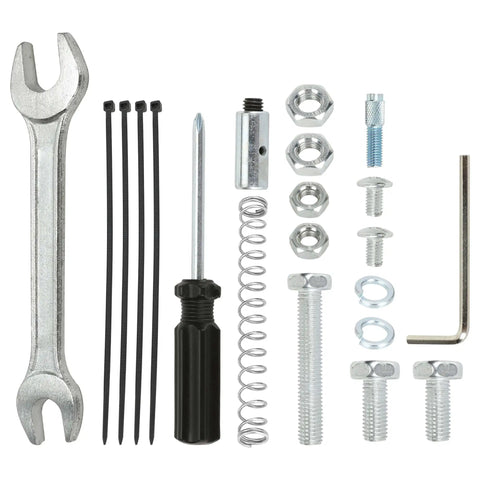 4 Inch Mini Bike Centrifugal Clutch Brake Band Kit installation tools and parts including bolts, screwdriver, and wrench