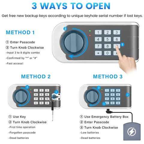Image of digital keypad with three methods to open Huge 6.0 Cuft Home Safe Box With Fireproof Waterproof Bag Digital Security Safe.