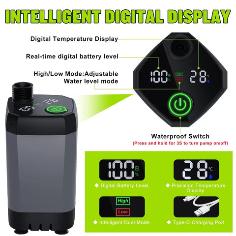 Portable Camping Shower With 6000mAh Battery, LED Display, showing power and temperature, IPX7 Waterproof Outdoor Pump features