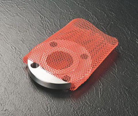 MINICOIL SW Series Standard Duty Sleeve Web Netting on steel part; red 40 ft flexible PE-LD netting, fits 7.5-9 in OD, scratch protection.