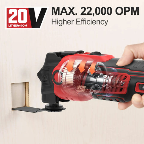 Cordless Oscillating Tool Kit 20V With 27-Piece Accessories cutting a square hole in wood, showing internal gears.