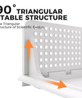 Close-up of a white stackable plastic storage basket highlighting its 90-degree triangular stable structure.