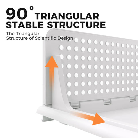 Close-up of a white stackable plastic storage basket highlighting its 90-degree triangular stable structure.