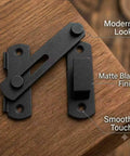 Hella Durable 180 Degree Flip Barn Door Latch Pack Matte Black Stainless Steel Gate Lock on wooden surface with modern design.