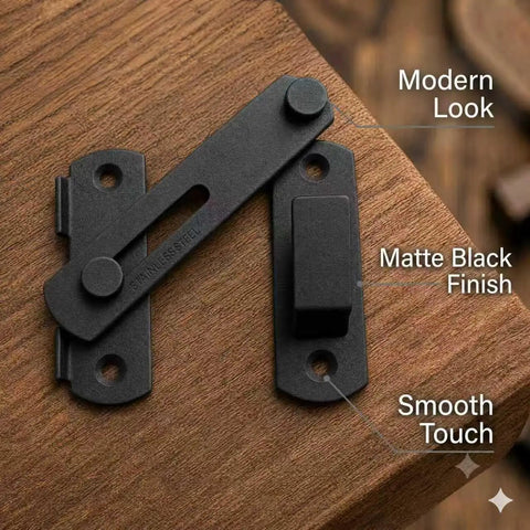 Hella Durable 180 Degree Flip Barn Door Latch Pack Matte Black Stainless Steel Gate Lock on wooden surface with modern design.