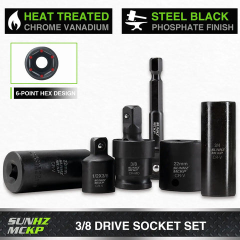 Three Eighth Inch Drive Impact Socket Set With 52 Pieces SAE And Metric Deep And Shallow 6 Point Sockets Includes Ratchet Handle Extension Bars Adapters And Universal Joint Built From CR-V Steel, shown with various socket sizes and adapters