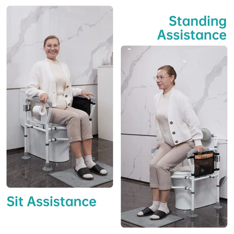 Toilet Safety Rail With Standalone Frame Adjustable Grab Bar Handles Detachable Backrest Non Slip Vacuum Suction Cups Elderly Disabled Bathroom Safety Aid For Easy Sit Or Stand And Secure Transfers showing sit and stand assistance