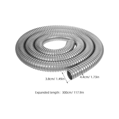 Built Tough Stainless Steel Flexible Wire Conduit For Electrical Cable Routing And High Temperature Rugged Metal Tubing With Wear Resistant Silver Finish Job Site Ready Pro Grade Cable Runner, coiled with dimensions.