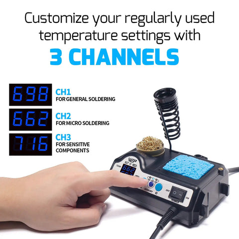 Pro Grade 110W Soldering Station Kit With 3 Preset Channels And Sleep Mode, hand adjusting channel settings