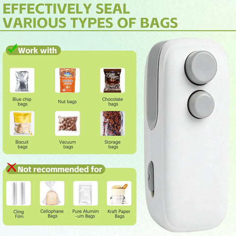 2 Pack Rechargeable 2 In 1 Mini Bag Sealer And Cutter Grab And Go Portable Resealer Machine shown with bags it seals and doesn't seal