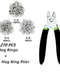 All In One 270 Piece Hog Ring Pliers Kit With Galvanized Rings In Three Eighths Inch One Half Inch And Three Quarters Inch Straight Pliers For Auto Upholstery Fencing Bagging DIY Craft And Furniture Use Green, showing pliers and rings