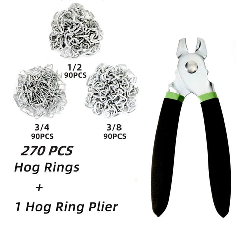 All In One 270 Piece Hog Ring Pliers Kit With Galvanized Rings In Three Eighths Inch One Half Inch And Three Quarters Inch Straight Pliers For Auto Upholstery Fencing Bagging DIY Craft And Furniture Use Green, showing pliers and rings