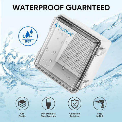 Waterproof Electrical Junction Box IP67 ABS Plastic Enclosure With Hinged Cover, clear finish, front view with water splash background.
