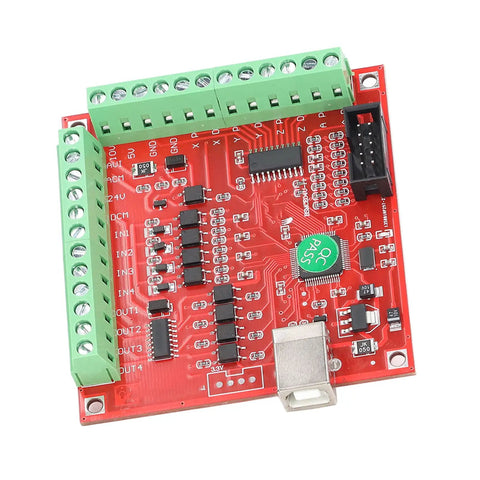 4 Axis CNC Breakout Board Motion Controller Card With 100KHz Step Pulse Frequency USB Interface For Stepper And Servo Motors Dope Performance Supports Probes Emergency Input Limit Switches And Handwheel Manual Control. Red PCB with USB port and screw terminals