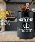 Black 15 Oz Sailor Coffee Mug With Funny Lake Boating Vibes Better Than Sailing Motto on wooden table with coffee splash