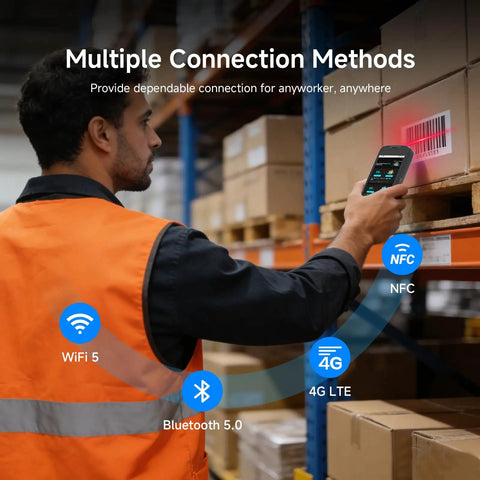 Warehouse worker using Rugged 5 Inch Android Barcode Scanner With 4G LTE WiFi GPS IP65 Zebra SE4710 Engine PDA