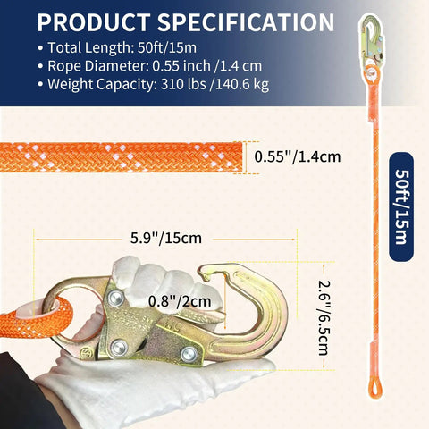 Heavy Duty Fall Protection Rope 50Ft Vertical Lifeline System With Rope Grab Snap Hooks And Shock Absorber product specifications