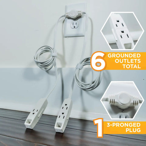 Flat Plug Sofa Power Cord With Six Outlets Total, Two Six Foot Cords, 16 Gauge Grounded Three Prong Plug, White Cable That Blends With Wall, Space Saving For Couches And Media Setups