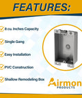 Premium Gray Single Gang Remodel Electrical Box, 8 Cubic Inch Shallow Old Work Junction Enclosure, showing front view and features.