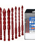 Front view of Larouoba 10-piece red crooked-head masonry drill bit set, sizes 3/16" to 1/2", for tile, brick and concrete