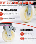 Close-up of 6 inch wheels with brakes on This Workhorse Heavy Duty Drywall Moving Cart With 2400 Lbs Capacity Folding Panel Dolly