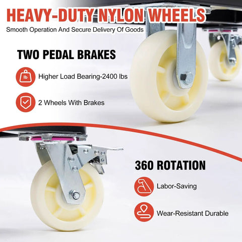 Close-up of 6 inch wheels with brakes on This Workhorse Heavy Duty Drywall Moving Cart With 2400 Lbs Capacity Folding Panel Dolly