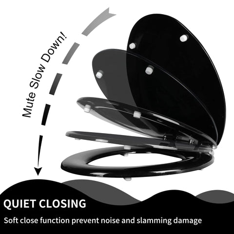 Whisper Quiet Close Elongated Toilet Seat With Zinc Alloy Hinges, Quick Release For Easy Cleaning, UV Wood Molded Lid, Black Finish, Durable And Quiet, Fits All American Toilets For A Tight, Noise Free Sit