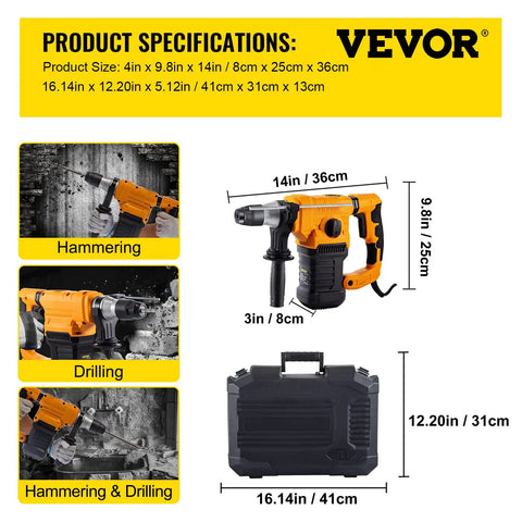 Product dimensions and details of Beast 1500W Hammer Drill Rotary Hammer With 3 Modes for concrete work, case and bits included