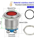 Red And Green LED Indicator Light 16mm Mounting Hole Five Eighths Inch Waterproof Stainless Steel Pilot Panel Lamp 110 To 120 Volt AC DC Two Pack IP67 Rated And Easy Screw Terminal Connection, showing stainless steel construction with dimensions.