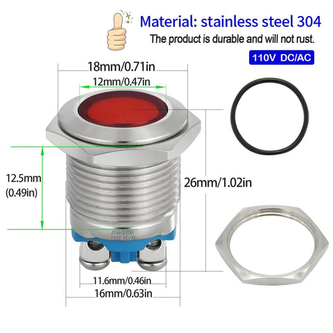 Red And Green LED Indicator Light 16mm Mounting Hole Five Eighths Inch Waterproof Stainless Steel Pilot Panel Lamp 110 To 120 Volt AC DC Two Pack IP67 Rated And Easy Screw Terminal Connection, showing stainless steel construction with dimensions.
