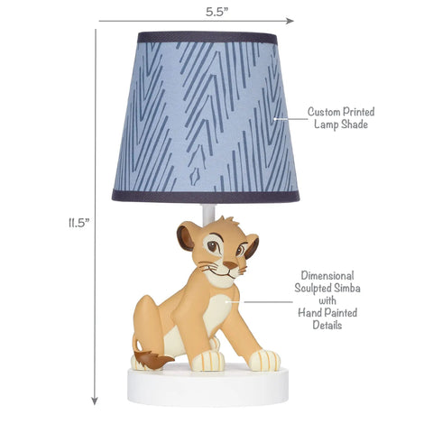 Lion King Adventure Lamp With Shade And LED Bulb, Simba Sculpted Base, Two Tone Chevron Shade With Navy Binding, Soft Night Light